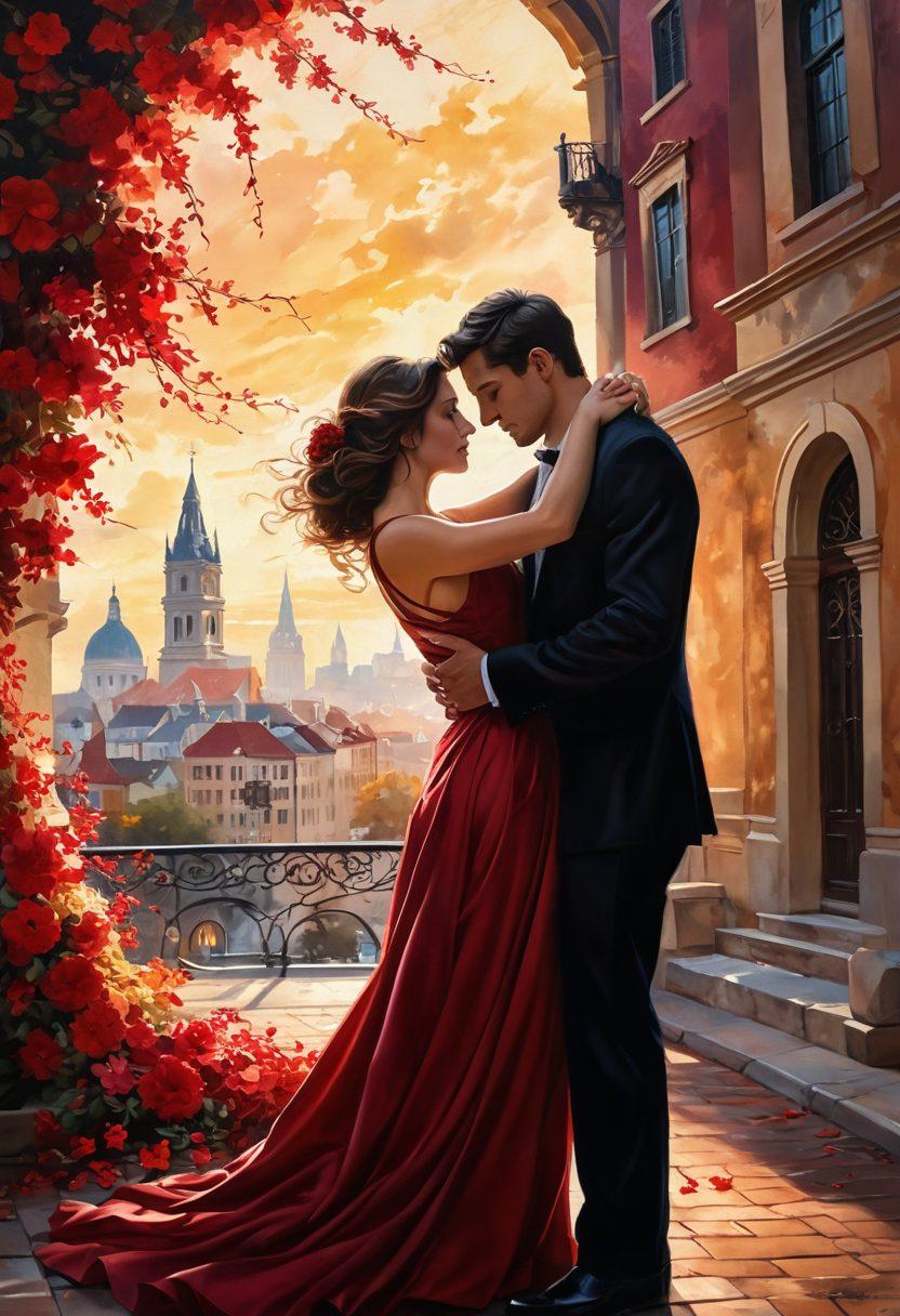 A beautifully intertwined scene of a couple in an intimate embrace, with swirling petals and soft light surrounding them, symbolizing the transition from affection to deep devotion. In the background, a silhouette of a historic cityscape reflects timeless romance. Rich colors of reds and golds evoke passion and warmth. elegant touch of vintage romance. painting. vibrant colors.