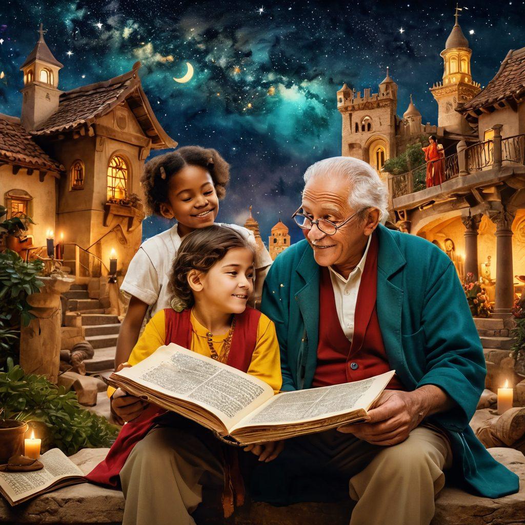 A whimsical montage showcasing diverse historical moments intertwined with emotional connections, featuring a grandfather telling stories to a child under a starlit sky, ancient scrolls and artifacts surrounding them, with hints of various cultures represented through vibrant clothing and architecture. nostalgic, warm tones, painterly style.